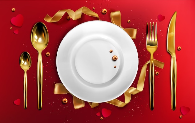 Golden cutlery and plate top view, christmas dinner setting gold fork, spoon and knife on red tablecloth with ribbons, pearls and glitter, ceramic xmas holiday utensil Realistic 3d illustration