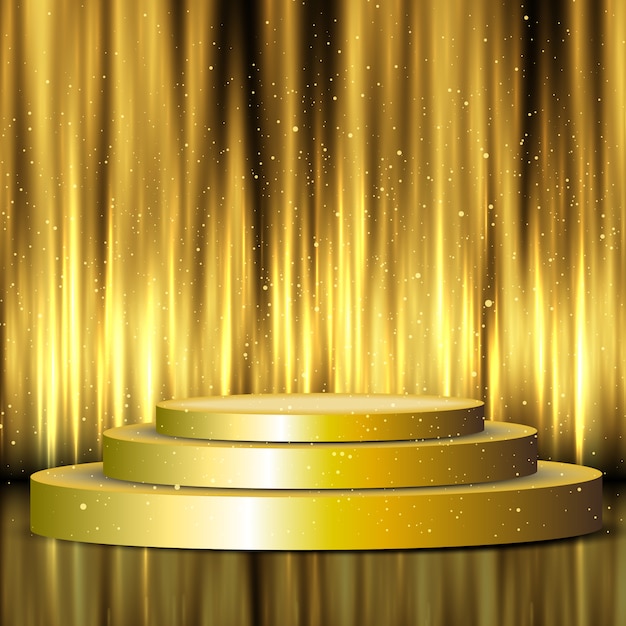 Free Vector golden display podium on silk curtains background