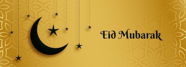 Golden eid mubarak banner with moon and star