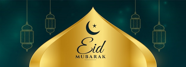 Golden eid mubarak festival banner with lamps decoration