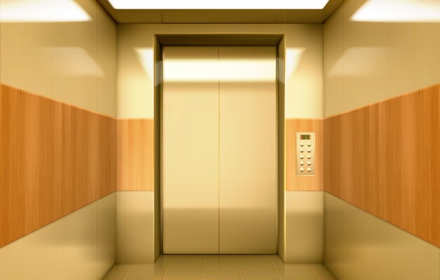 Golden elevator cabin with closed doors inside