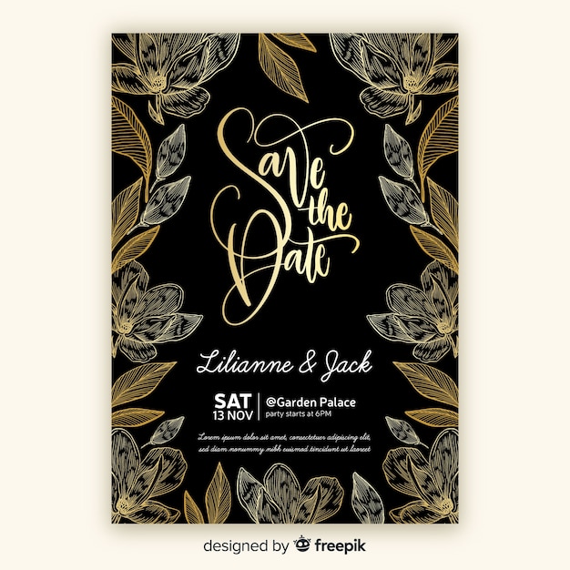 Golden floral wedding invitation template