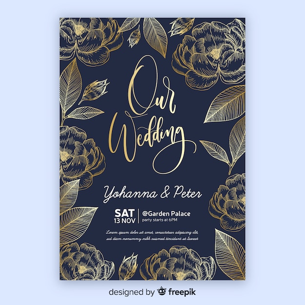 Golden floral wedding invitation template