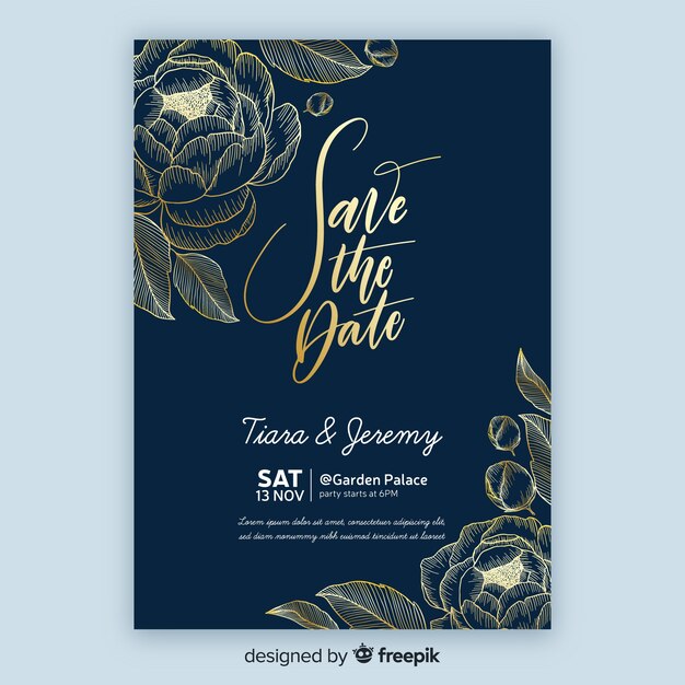 Golden floral wedding invitation template