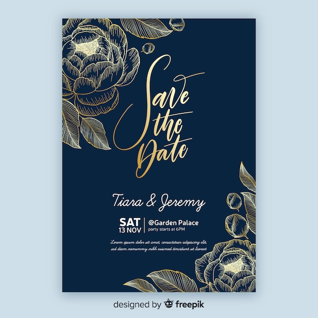 Golden floral wedding invitation template