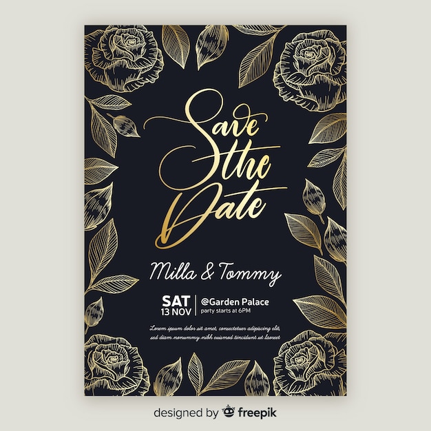 Golden floral wedding invitation template