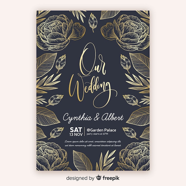 Golden floral wedding invitation template