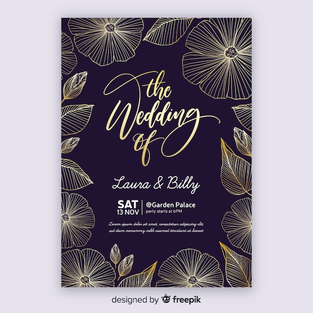 Golden floral wedding invitation template