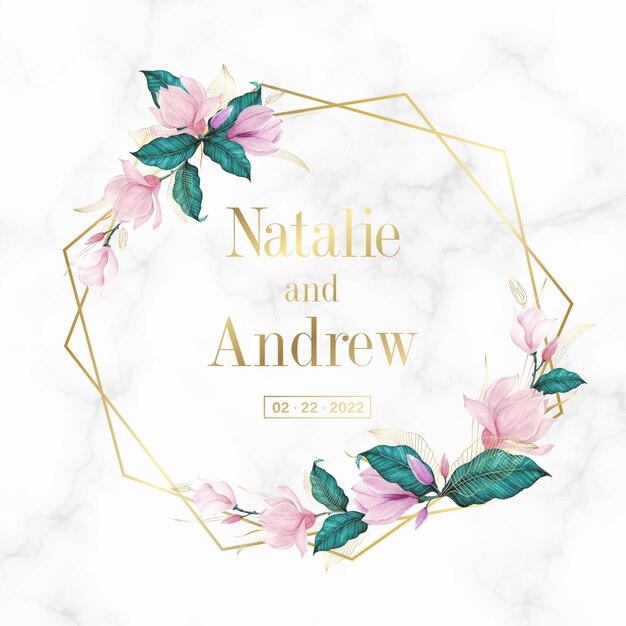 Golden geometric frame with floral on marble background for wedding monogram logo and invitation card