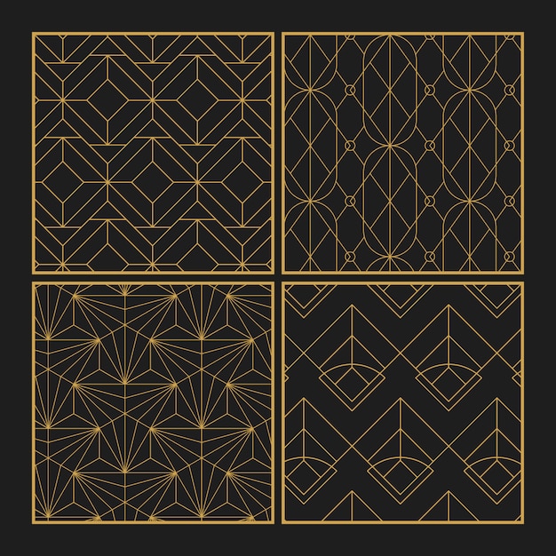 Golden geometric seamless patterns set on black background