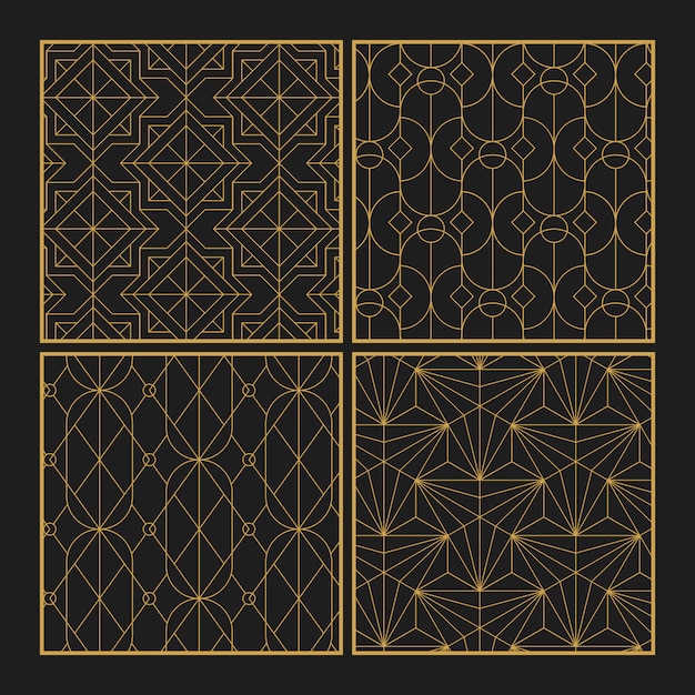 Golden geometric seamless patterns set on black background