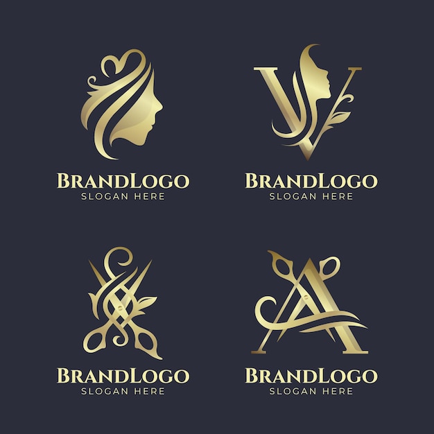 Free Vector golden hair salon logo set