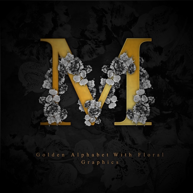 Free vector golden letter m watercolor floral background