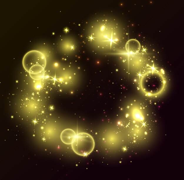 Golden Lights, Black Background. Glitter Shiny Elements, Glowing Stars, Rings