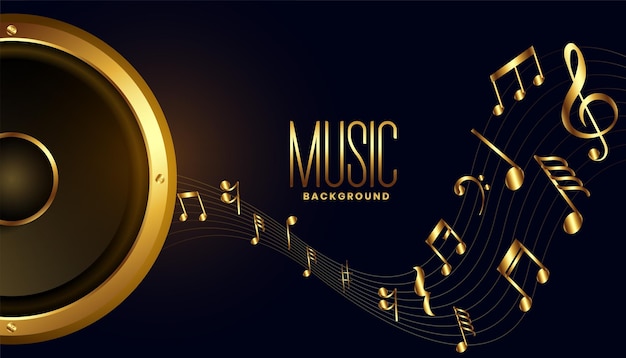 Golden music speaker with sound notes wave background