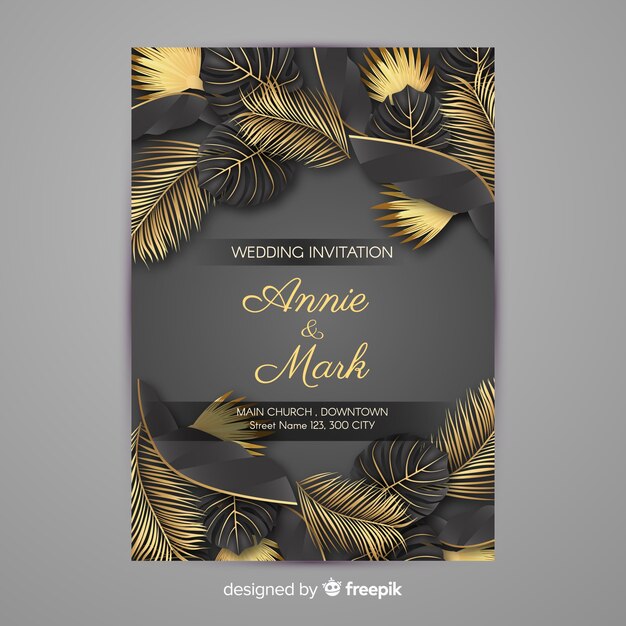 Golden palm leaves wedding invitation