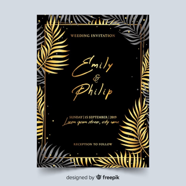 Golden palm leaves wedding invitation