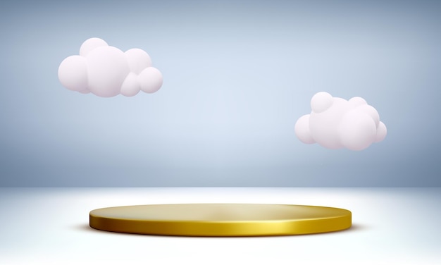 Free vector golden podium with realistic clouds. scene for product demonstration. illustration