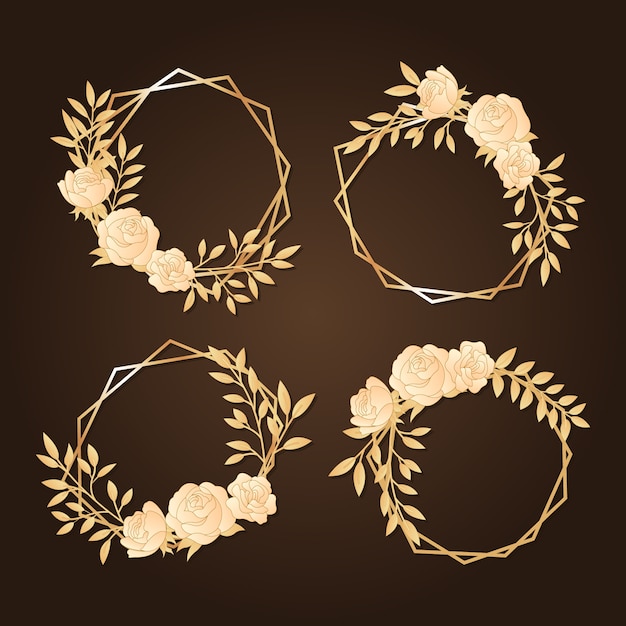 Golden polygonal frames with elegant flowers