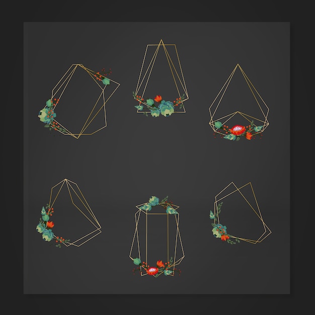 Free Vector golden polygonal frames with elegant flowers