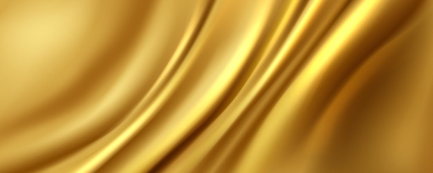 Free Vector golden satin cloth background vector realistic illustration of yellow silk fabric with smooth shiny texture luxury soft textile material with wavy surface curtain with abstract folds liquid paint