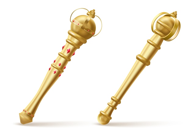 Free Vector golden scepters for king or queen, royal wand with red gems illustration