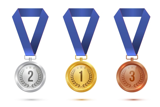 Golden silver and bronze blank medals hanging on blue ribbons isolated on white background