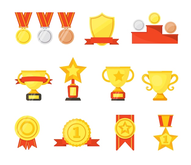 Golden, silver, bronze medals, cups and badges cartoon set. Winners trophies awards collection on white studio. Championship, triumph, goal achievement concept. Prize design element