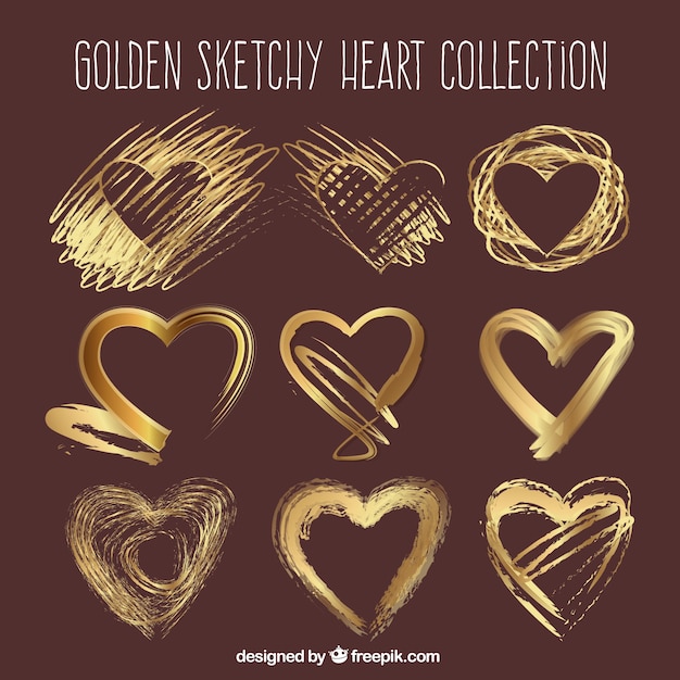 Free vector golden sketchy heart set