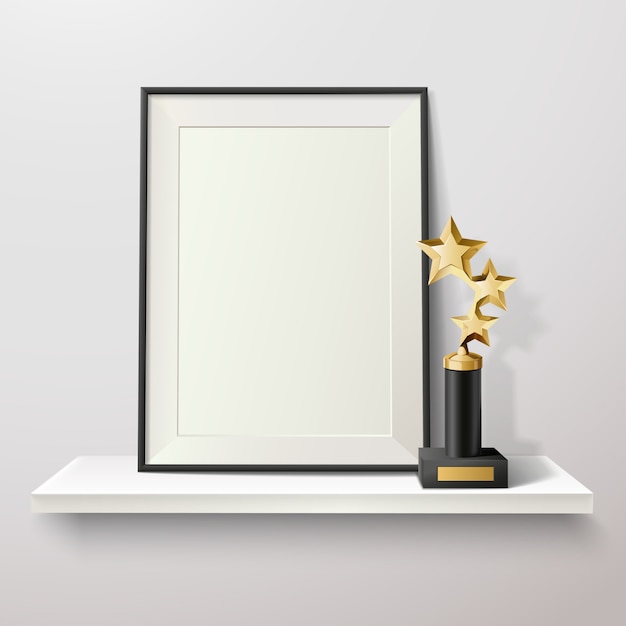 Free Vector golden star trophy and blank frame on white shelf on white background vector illustration