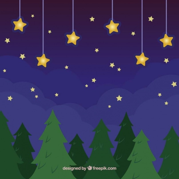 Free vector golden stars and trees at night