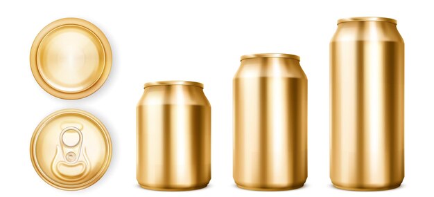 Golden tin cans for soda or beer in front, top and bottom view.