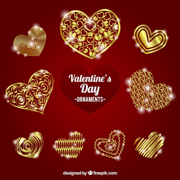 Free Vector golden valentine ornaments with heart-shaped