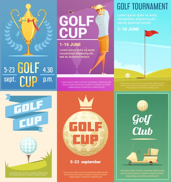 Golf club advertisement retro style posters collection with gold cup tournament winner trophy 