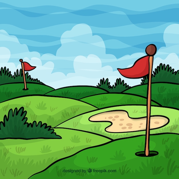 Golf course background in hand drawn style