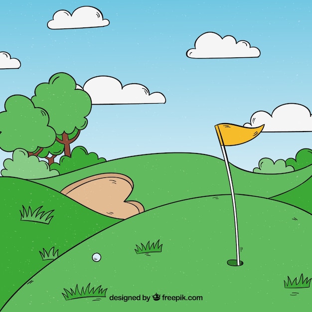 Free vector golf course background in hand drawn style