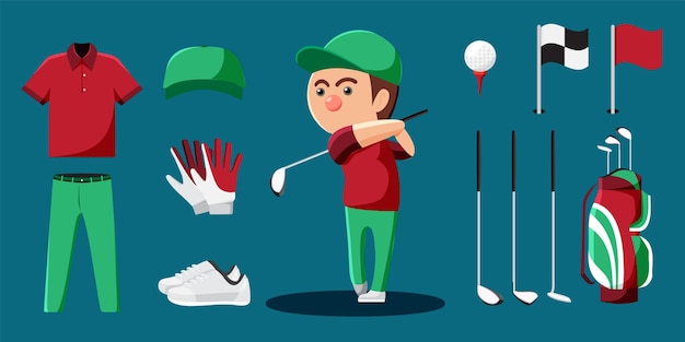 Free Vector golf player cartoon and equipment set such as ball uniform golf club cue stick glove shoe