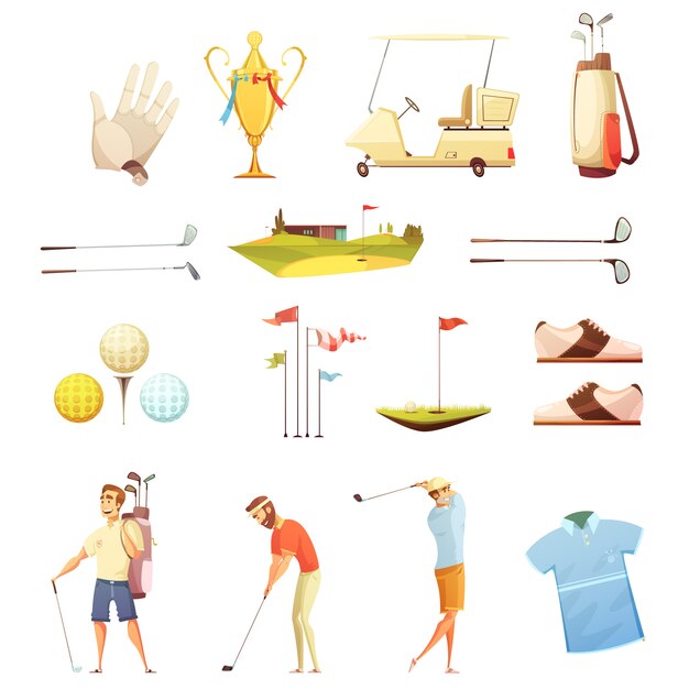 Golf players and accessories retro cartoon icons collection with putting flags gloves 