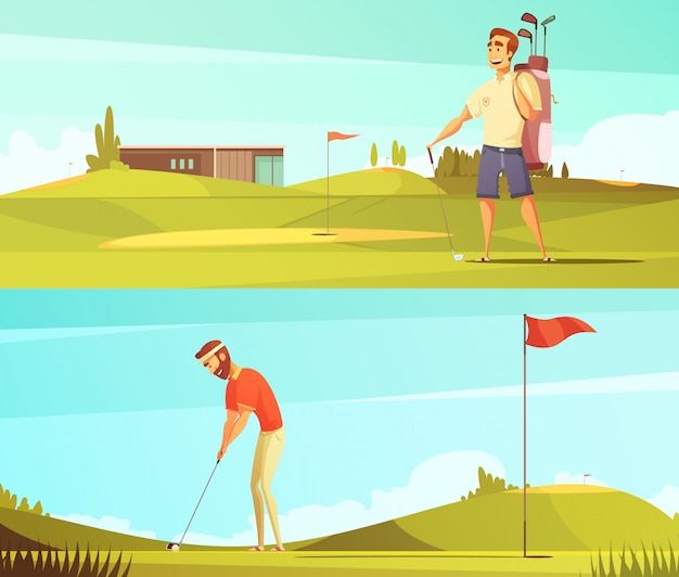 Free Vector golf players at course 2 horizontal retro cartoon banners set with red pin flag isolated vector illu