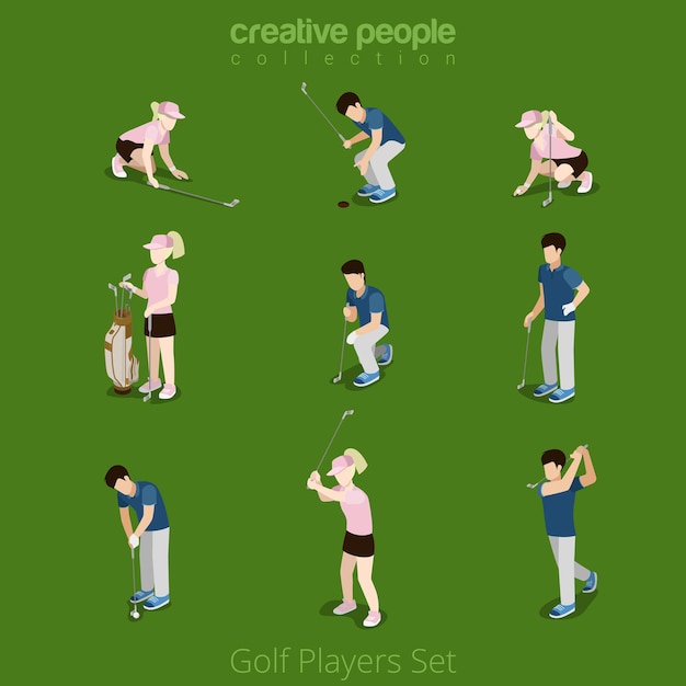 Golf players male female  web infographic concept  icon set. Creative people collection.