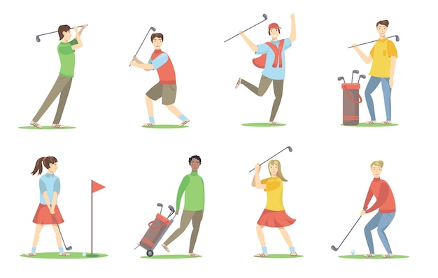 Golf players set. Cartoon people with brassies playing golf on lawn, having fun, enjoying activity. Flat Illustration