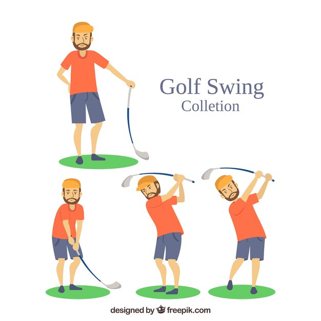 Golf swings collection with man in flat style