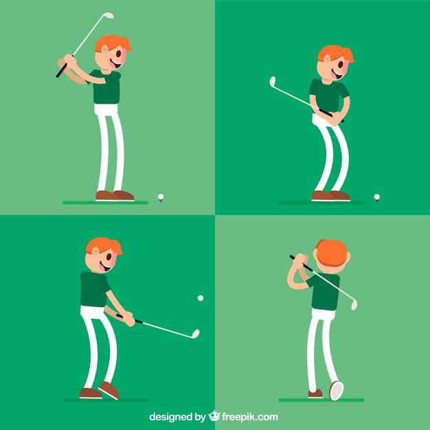 Golf swings collection with man in flat style