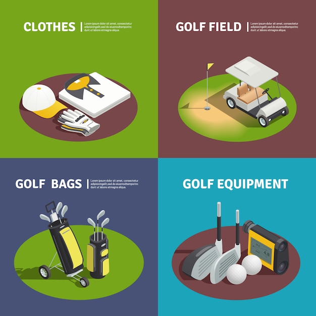 Free Vector  golfer clothes golf bags cart on field and golf equipment square compositions