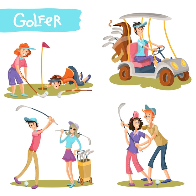 Golfers funny cartoon characters vector set