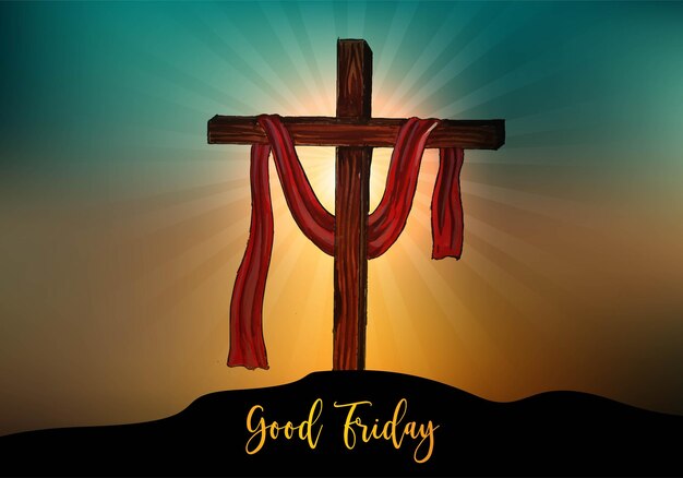 Good Friday background with cross and sun rays in the sky