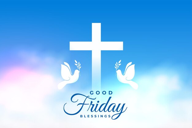 Good friday background with realistic clouds and dove pace birds near the cross