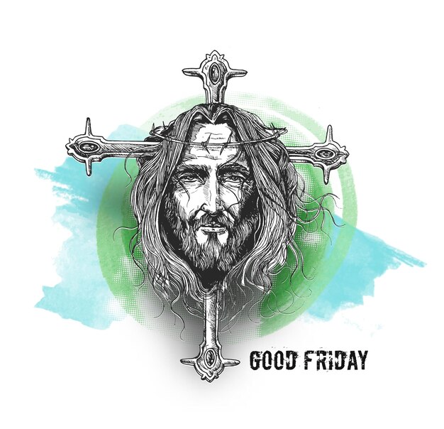 Good friday and Easter Jesus Face on The Cross Sketch Vector illustration