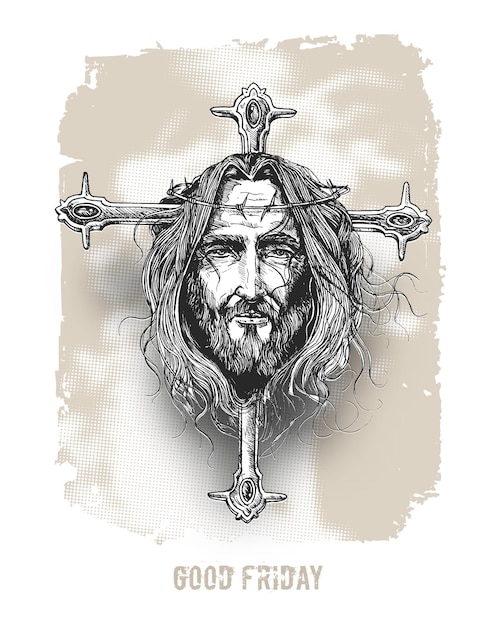 Good friday and Easter Jesus Face on The Cross Sketch Vector illustration