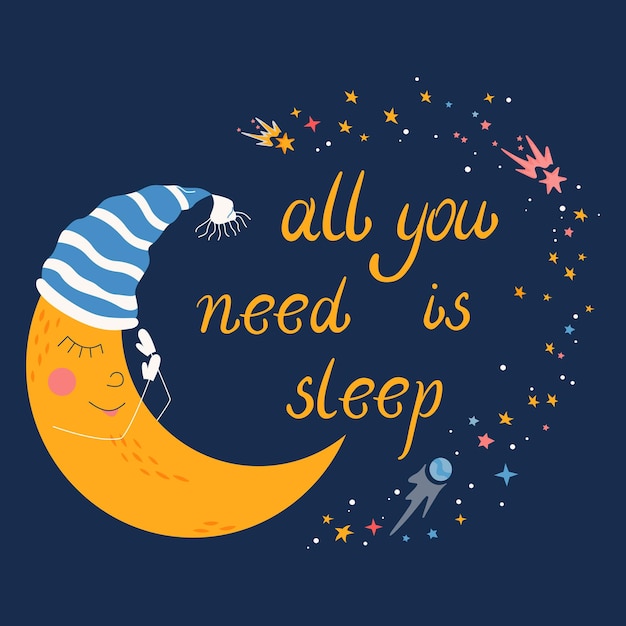 Free vector good night flat postcard with cartoon moon in sleeping hat vector illustration